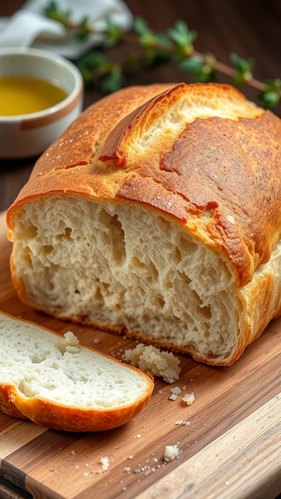 A freshly baked sourdough bread loaf with a crispy crust and soft interior, served on a wooden board.